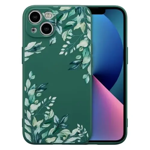 RALEAVO Case for iPhone 13,Liquid Silicone Cover with Cute Leaves Pattern Floral Phone Cover for Girls Women Slim Soft Rubber Protective Phone Case for iPhone 13 (6.1