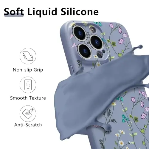 RALEAVO Floral Case for iPhone 13 Pro,Liquid Silicone Cover with Cute Flower Branch Pattern for Girls Women Slim Soft Rubber Protective Phone Case for iPhone 13 Pro 6.1