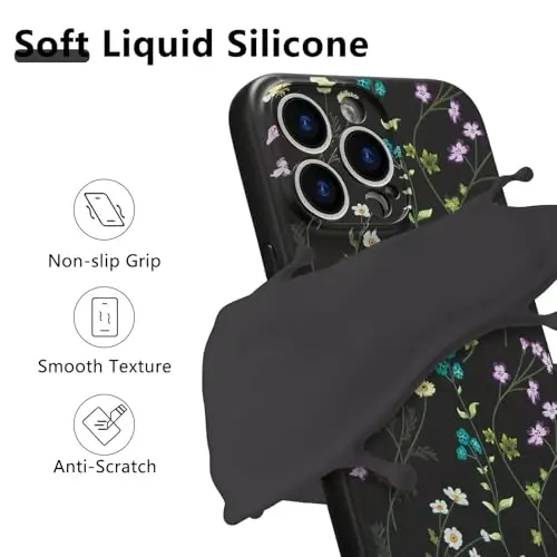 RALEAVO Floral Case for iPhone 13 Pro,Liquid Silicone Cover with Cute Flower Branch Pattern for Girls Women Slim Soft Rubber Protective Phone Case for iPhone 13 Pro (6.1