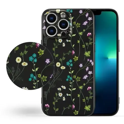 RALEAVO Floral Case for iPhone 13 Pro,Liquid Silicone Cover with Cute Flower Branch Pattern for Girls Women Slim Soft Rubber Protective Phone Case for iPhone 13 Pro (6.1