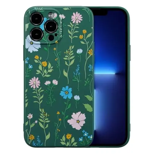 RALEAVO Floral Case for iPhone 13 Pro Max,Liquid Silicone Cover with Flower Cosmos Pattern Cute Phone Cover for Girls Women Slim Soft Rubber Protective Phone Case for iPhone 13 Pro Max 6.7