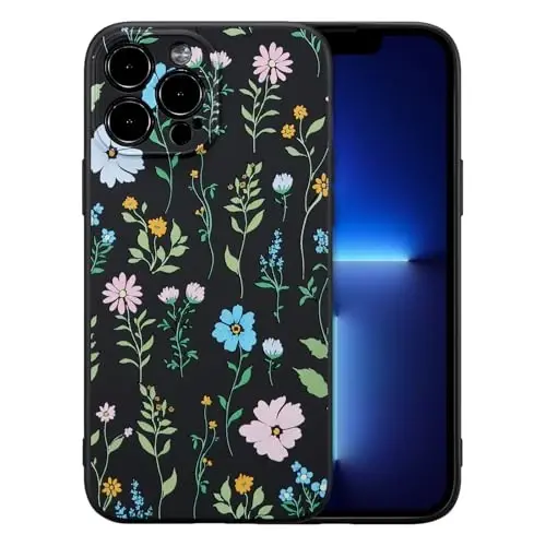 RALEAVO Floral Case for iPhone 13 Pro Max,Liquid Silicone Cover with Flower Cosmos Pattern Cute Phone Cover for Girls Women Slim Soft Rubber Protective Phone Case for iPhone 13 Pro Max (6.7