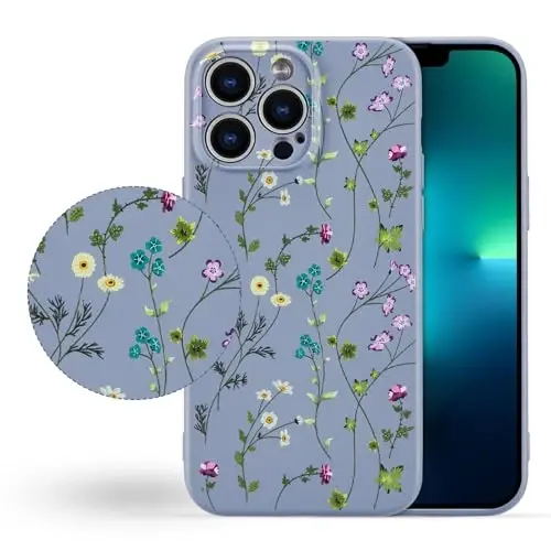 RALEAVO Floral Case for iPhone 13 Pro Max,Liquid Silicone Cover with Cute Flower Branch Pattern for Girls Women Slim Soft Rubber Protective Phone Case for iPhone 13 Pro Max (6.7