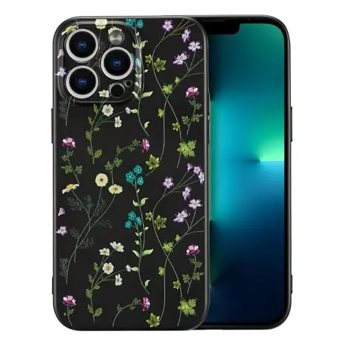 RALEAVO Floral Case for iPhone 13 Pro Max,Liquid Silicone Cover with Cute Flower Branch Pattern for Girls Women Slim Soft Rubber Protective Phone Case for iPhone 13 Pro Max (6.7