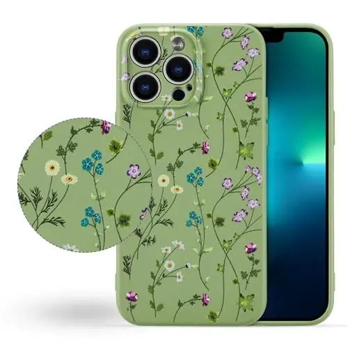 RALEAVO Floral Case for iPhone 13 Pro Max,Liquid Silicone Cover with Cute Flower Branch Pattern for Girls Women Slim Soft Rubber Protective Phone Case for iPhone 13 Pro Max (6.7