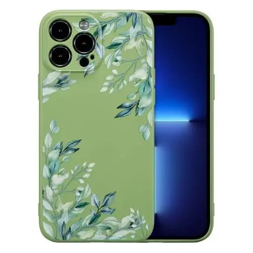 RALEAVO Case for iPhone 13 Pro Max,Liquid Silicone Cover with Cute Leaves Pattern Floral Phone Cover for Girls Women Slim Soft Rubber Protective Phone Case for iPhone 13 Pro Max (6.7