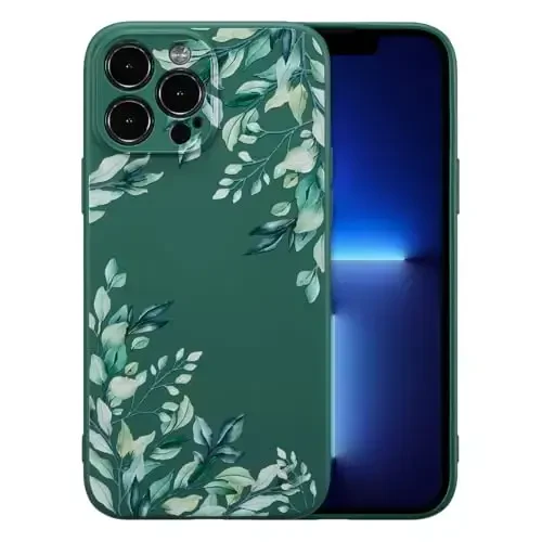 RALEAVO Case for iPhone 13 Pro Max,Liquid Silicone Cover with Cute Leaves Pattern Floral Phone Cover for Girls Women Slim Soft Rubber Protective Phone Case for iPhone 13 Pro Max (6.7