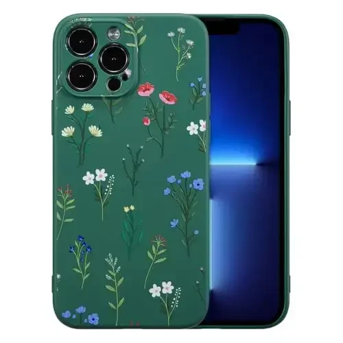 RALEAVO iPhone 13 Pro Max uchun gulli gʻilof, suyuq silikon qopqoq, gulli ромашка naqshli, qizlar va ayollar uchun yoqimli telefon qopqogʻi, iPhone 13 Pro Max uchun ingichka yumshoq rezina himoya telefon qutisi, toʻq yashil - 1