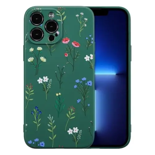 RALEAVO iPhone 13 Pro Max uchun gulli gʻilof, suyuq silikon qopqoq, gulli ромашка naqshli, qizlar va ayollar uchun yoqimli telefon qopqogʻi, iPhone 13 Pro Max uchun ingichka yumshoq rezina himoya telefon qutisi, toʻq yashil - RALEAVO