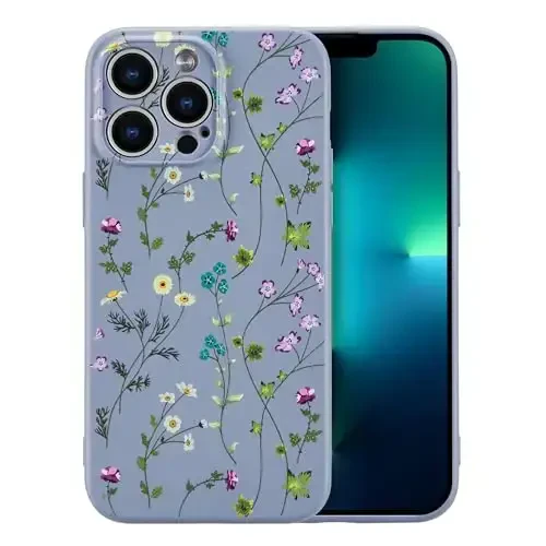 RALEAVO iPhone 13 Pro Max uchun gulli g'ilof, suyuq silikonli qopqoq, qizlar uchun yoqimli gul novdasi naqshli, iPhone 13 Pro Max (6.7