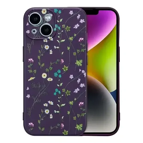 RALEAVO Floral Case for iPhone 14,Liquid Silicone Cover with Flower Branch Pattern Cute Phone Cover for Girls Women Slim Soft Rubber Protective Phone Case for iPhone 14 (6.1