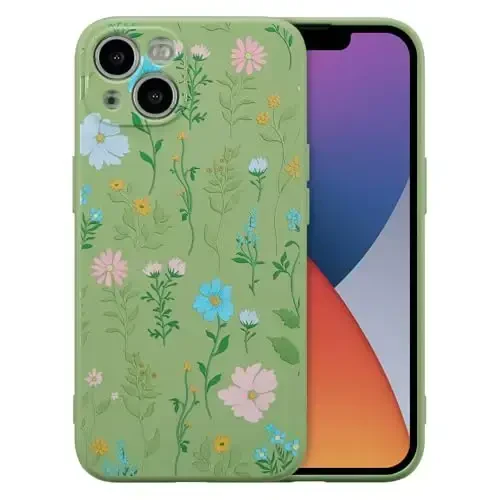 RALEAVO Floral Case for iPhone 14,Liquid Silicone Cover with Flower Cosmos Pattern Cute Phone Cover for Girls Women Slim Soft Rubber Protective Phone Case for iPhone 14 (6.1
