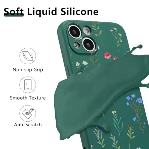 RALEAVO Floral Case for iPhone 14,Liquid Silicone Cover with Flower Daisies Pattern Cute Phone Cover for Girls Women Slim Soft Rubber Protective Phone Case for iPhone 14 (6.1