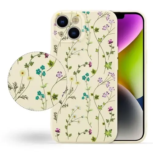 RALEAVO Floral Case for iPhone 14,Liquid Silicone Cover with Cute Flower Branch Pattern for Girls Women Slim Soft Rubber Protective Phone Case for iPhone 14 (6.1