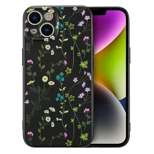 RALEAVO Floral Case for iPhone 14,Liquid Silicone Cover with Cute Flower Branch Pattern for Girls Women Slim Soft Rubber Protective Phone Case for iPhone 14 (6.1