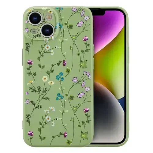 RALEAVO Floral Case for iPhone 14,Liquid Silicone Cover with Cute Flower Branch Pattern for Girls Women Slim Soft Rubber Protective Phone Case for iPhone 14 (6.1