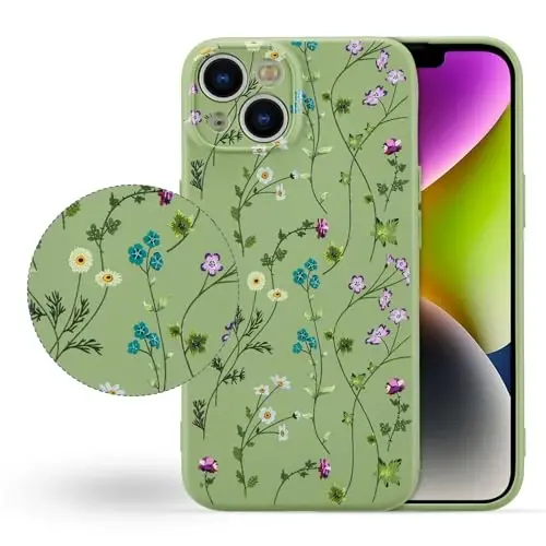 RALEAVO Floral Case for iPhone 14,Liquid Silicone Cover with Cute Flower Branch Pattern for Girls Women Slim Soft Rubber Protective Phone Case for iPhone 14 (6.1