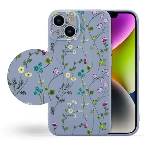 RALEAVO Floral Case for iPhone 14,Liquid Silicone Cover with Cute Flower Branch Pattern for Girls Women Slim Soft Rubber Protective Phone Case for iPhone 14 (6.1
