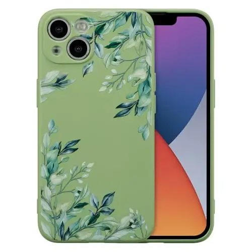 RALEAVO Case for iPhone 14,Liquid Silicone Cover with Cute Leaves Pattern Floral Phone Cover for Girls Women Slim Soft Rubber Protective Phone Case for iPhone 14 (6.1