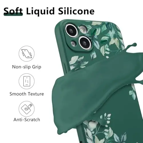 RALEAVO Case for iPhone 14,Liquid Silicone Cover with Cute Leaves Pattern Floral Phone Cover for Girls Women Slim Soft Rubber Protective Phone Case for iPhone 14 (6.1
