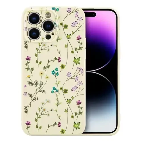RALEAVO Floral Case for iPhone 14 Pro,Liquid Silicone Cover with Cute Flower Branch Pattern for Girls Women Slim Soft Rubber Protective Phone Case for iPhone 14 Pro (6.1