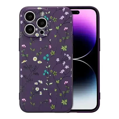 RALEAVO Floral Case for iPhone 14 Pro,Liquid Silicone Cover with Cute Flower Branch Pattern for Girls Women Slim Soft Rubber Protective Phone Case for iPhone 14 Pro (6.1