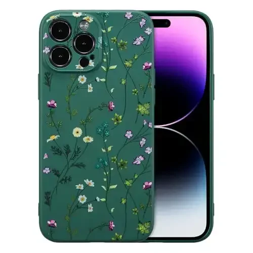 RALEAVO Floral Case for iPhone 14 Pro,Liquid Silicone Cover with Cute Flower Branch Pattern for Girls Women Slim Soft Rubber Protective Phone Case for iPhone 14 Pro (6.1
