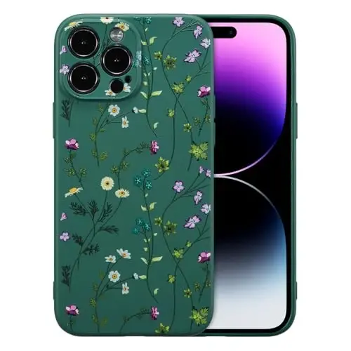 RALEAVO Floral Case for iPhone 14 Pro,Liquid Silicone Cover with Cute Flower Branch Pattern for Girls Women Slim Soft Rubber Protective Phone Case for iPhone 14 Pro (6.1