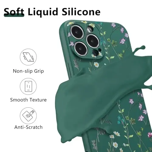 RALEAVO Floral Case for iPhone 14 Pro,Liquid Silicone Cover with Cute Flower Branch Pattern for Girls Women Slim Soft Rubber Protective Phone Case for iPhone 14 Pro (6.1