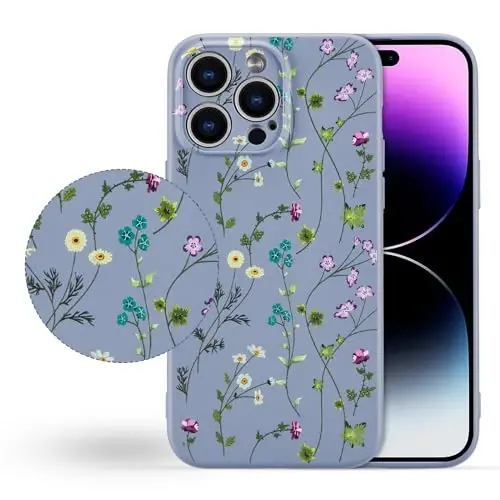 RALEAVO Floral Case for iPhone 14 Pro,Liquid Silicone Cover with Cute Flower Branch Pattern for Girls Women Slim Soft Rubber Protective Phone Case for iPhone 14 Pro (6.1