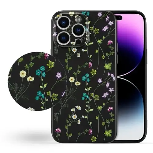 RALEAVO Floral Case for iPhone 14 Pro,Liquid Silicone Cover with Cute Flower Branch Pattern for Girls Women Slim Soft Rubber Protective Phone Case for iPhone 14 Pro (6.1