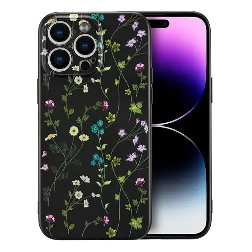 RALEAVO Floral Case for iPhone 14 Pro,Liquid Silicone Cover with Cute Flower Branch Pattern for Girls Women Slim Soft Rubber Protective Phone Case for iPhone 14 Pro (6.1