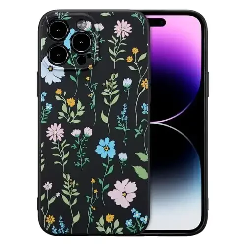 RALEAVO Floral Case for iPhone 14 Pro Max,Liquid Silicone Cover with Flower Cosmos Pattern Cute Phone Cover for Girls Women Slim Soft Rubber Protective Phone Case for iPhone 14 Pro Max (6.7