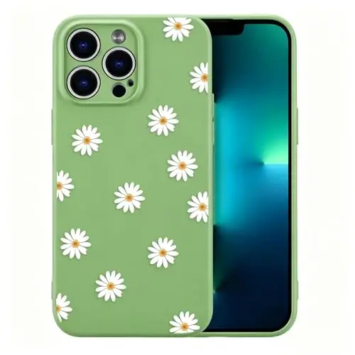 RALEAVO Floral Case for iPhone 13 Pro Max Silicone Cute Girly Cover,Green | Cute Minimalist Daisies Flowers for Girls Women,Soft Liquid Silicone Cover,Slim Protective Case for iPhone 14 Pro Max 6.7