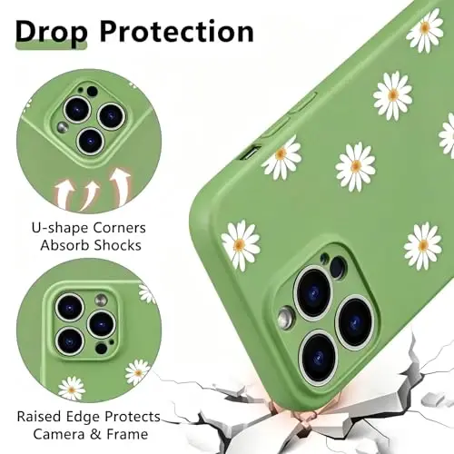 RALEAVO Floral Case for iPhone 13 Pro Max Silicone Cute Girly Cover,Green | Cute Minimalist Daisies Flowers for Girls Women,Soft Liquid Silicone Cover,Slim Protective Case for iPhone 14 Pro Max 6.7