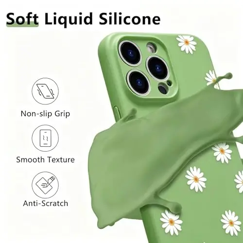 RALEAVO Floral Case for iPhone 13 Pro Max Silicone Cute Girly Cover,Green | Cute Minimalist Daisies Flowers for Girls Women,Soft Liquid Silicone Cover,Slim Protective Case for iPhone 14 Pro Max 6.7
