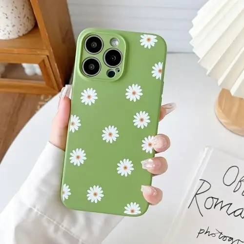 RALEAVO Floral Case for iPhone 13 Pro Max Silicone Cute Girly Cover,Green | Cute Minimalist Daisies Flowers for Girls Women,Soft Liquid Silicone Cover,Slim Protective Case for iPhone 14 Pro Max 6.7
