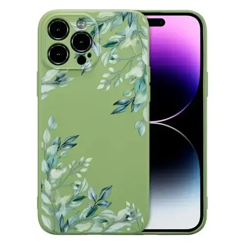 RALEAVO Case for iPhone 14 Pro Max,Liquid Silicone Cover with Cute Leaves Pattern Floral Phone Cover for Girls Women Slim Soft Rubber Protective Phone Case for iPhone 14 Pro Max (6.7