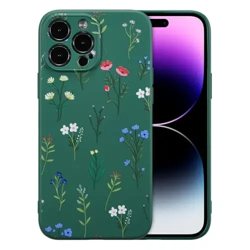 RALEAVO iPhone 14 Pro Max uchun gulli chexol, suyuq silikon qopqoq, qizlar va ayollar uchun ромашка naqshli yoqimli telefon qopqog'i, iPhone 14 Pro Max uchun yupqa yumshoq rezina himoya telefon qutisi, to'q yashil - RALEAVO