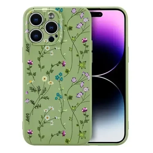 RALEAVO iPhone 14 Pro uchun floral g‘ilof, qizlar ayollar uchun chiroyli gul novdasi naqshli suyuq silikon qopqoq iPhone 14 Pro (6.1