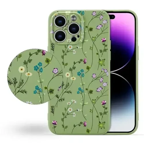RALEAVO iPhone 14 Pro uchun floral g‘ilof, qizlar ayollar uchun chiroyli gul novdasi naqshli suyuq silikon qopqoq iPhone 14 Pro (6.1