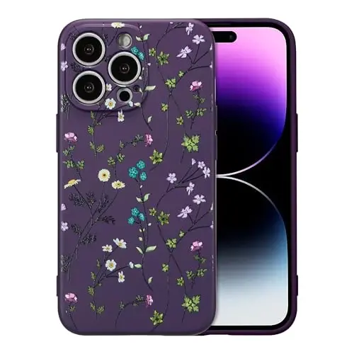 RALEAVO iPhone 14 Pro uchun gulli g‘ilof, suyuq silikon qopqoq, qizlar va ayollar uchun yoqimli gul shoxchali naqshli, iPhone 14 Pro uchun ingichka yumshoq rezina himoya telefon qutisi (6,1