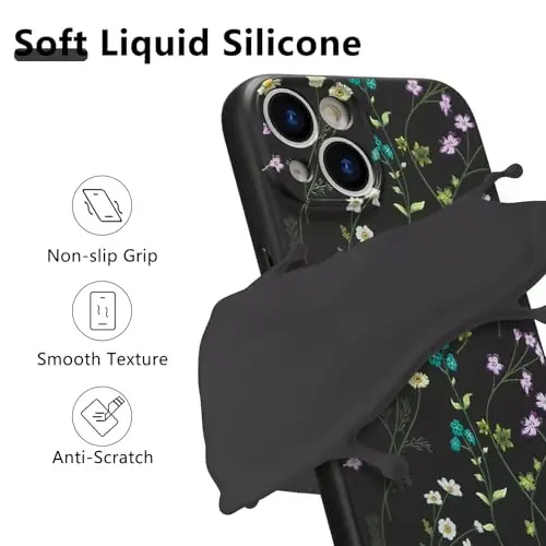 RALEAVO iPhone 14 uchun gulli g'ilof, qizlar uchun yoqimli gul shoxli naqshli suyuq silikon qopqoq, iPhone 14 (6.1