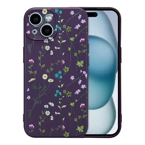 RALEAVO Floral Case for iPhone 15,Liquid Silicone Cover with Flower Branch Pattern Cute Phone Cover for Girls Women Slim Soft Rubber Protective Phone Case for iPhone 15 (6.1