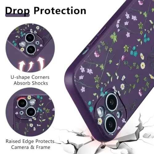 RALEAVO Floral Case for iPhone 15,Liquid Silicone Cover with Flower Branch Pattern Cute Phone Cover for Girls Women Slim Soft Rubber Protective Phone Case for iPhone 15 (6.1