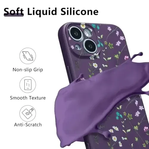 RALEAVO Floral Case for iPhone 15,Liquid Silicone Cover with Flower Branch Pattern Cute Phone Cover for Girls Women Slim Soft Rubber Protective Phone Case for iPhone 15 (6.1
