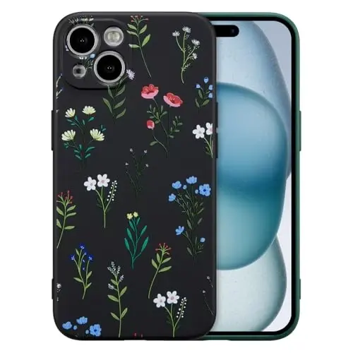 RALEAVO Floral Case for iPhone 15,Liquid Silicone Cover with Flower Daisies Pattern Cute Phone Cover for Girls Women Slim Soft Rubber Protective Phone Case for iPhone 15 (6.1