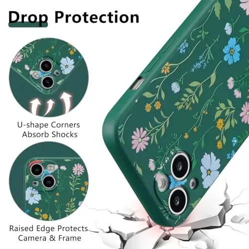 RALEAVO Floral Case for iPhone 15,Liquid Silicone Cover with Flower Cosmos Pattern Cute Phone Cover for Girls Women Slim Soft Rubber Protective Phone Case for iPhone 15 (6.1