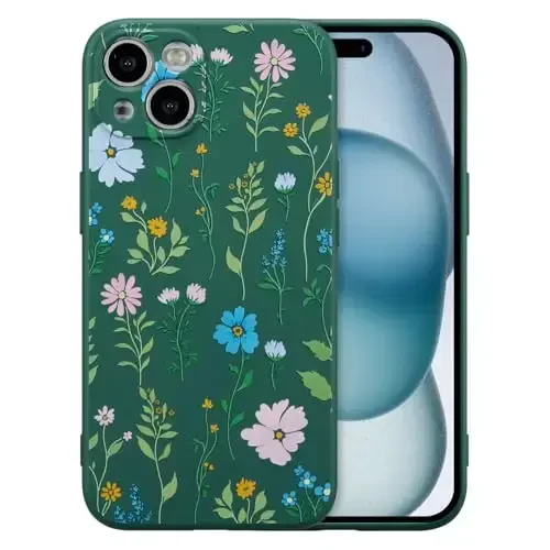 RALEAVO Floral Case for iPhone 15,Liquid Silicone Cover with Flower Cosmos Pattern Cute Phone Cover for Girls Women Slim Soft Rubber Protective Phone Case for iPhone 15 (6.1