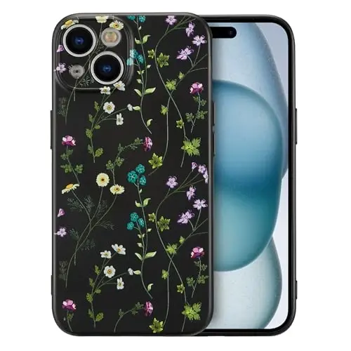 RALEAVO Floral Case for iPhone 15,Liquid Silicone Cover with Cute Flower Branch Pattern for Girls Women Slim Soft Rubber Protective Phone Case for iPhone 15 (6.1